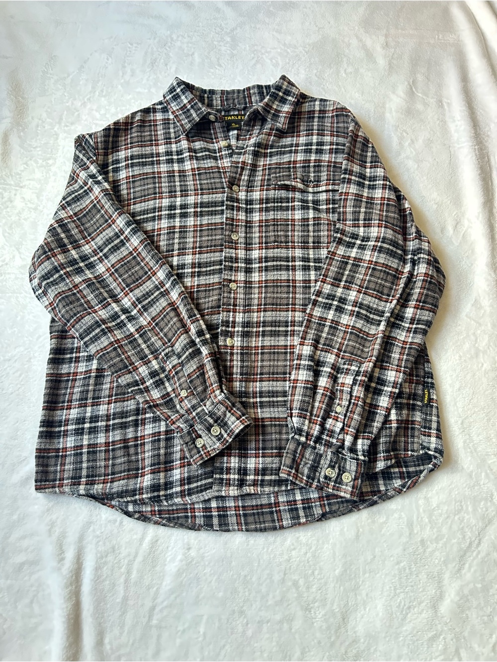 Stanley Men’s XL Plaid Flannel Shirt Gray Black 100% Cotton Workwear Button Up